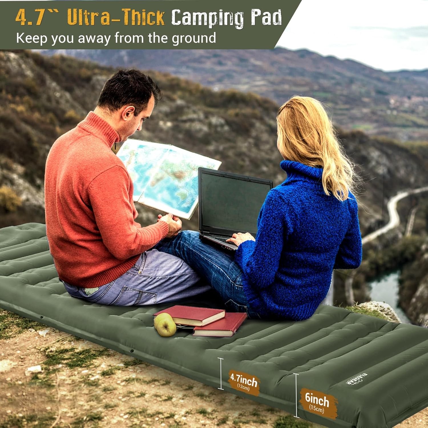 4" Thick Single Sleeping Pad for Camping, Fast Inflating Camping Pad w/ Pillow