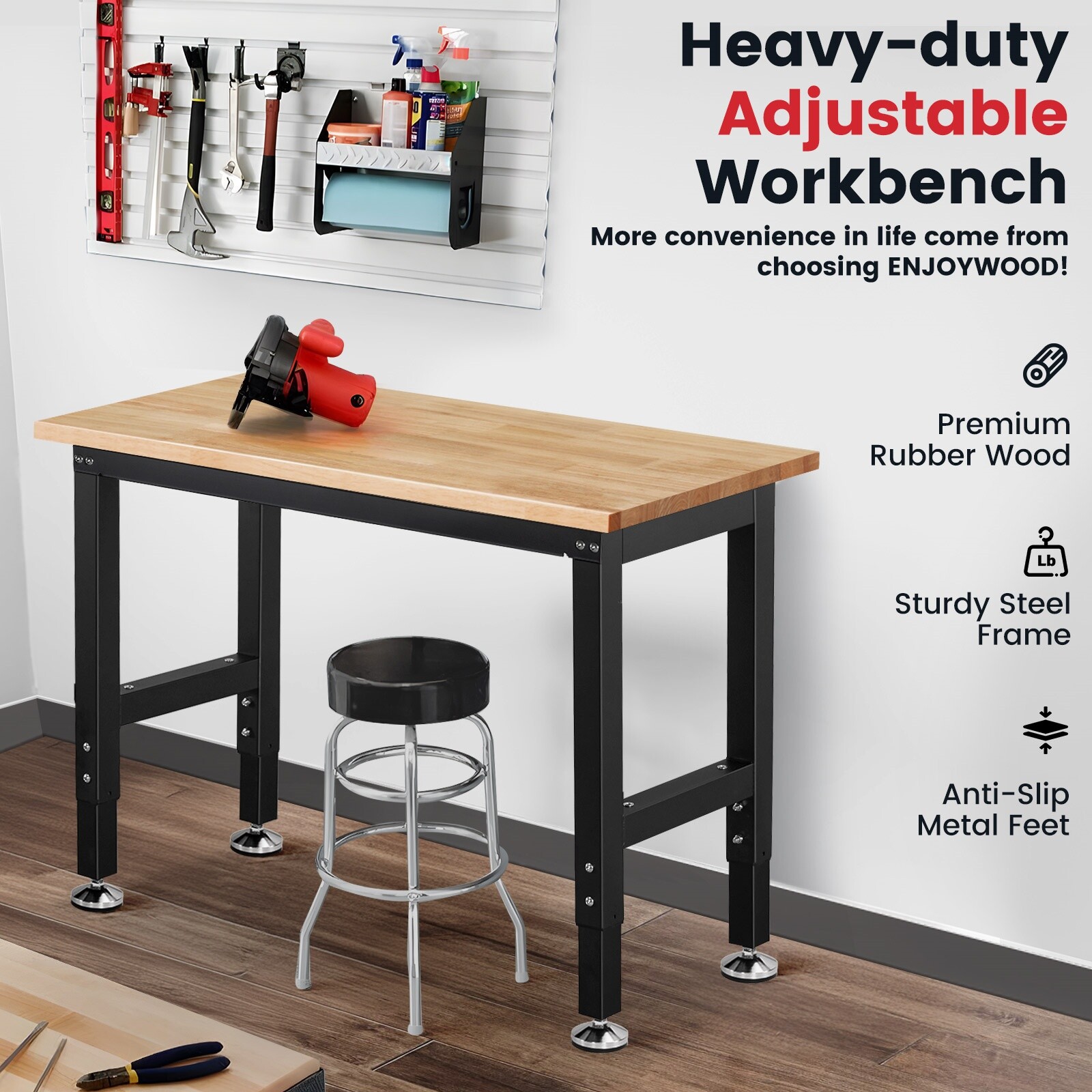 Workbench for Garage 41In Work Bench Table Adjustable Height Rubberwood