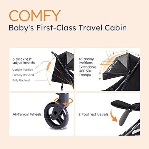 Cochecito Infantil Cómodo, Negro, Ligero, Con Estructura De Aluminio Para Viajes