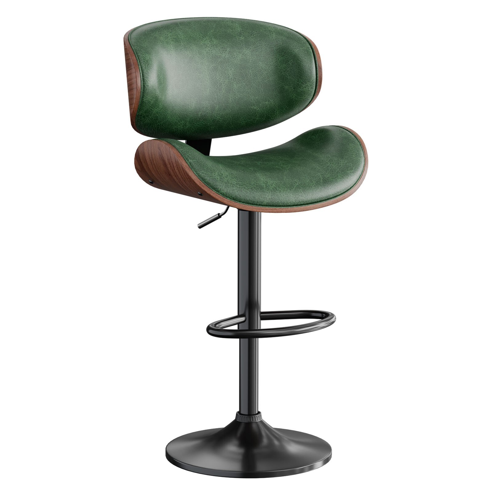 1pc Bar Stool Bentwood Counter Chair Adjustable Swivel Faux Leather Green