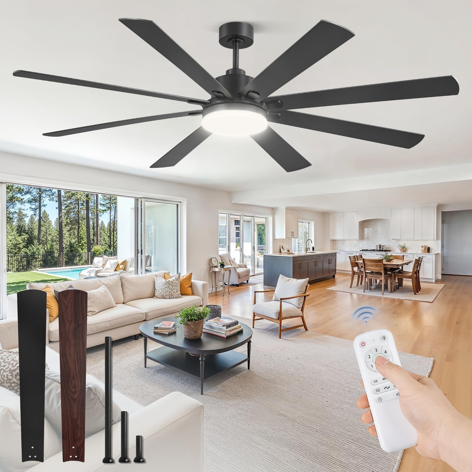 72 Inch Large Ceiling Fan with Remote, Large LED Panel, Black