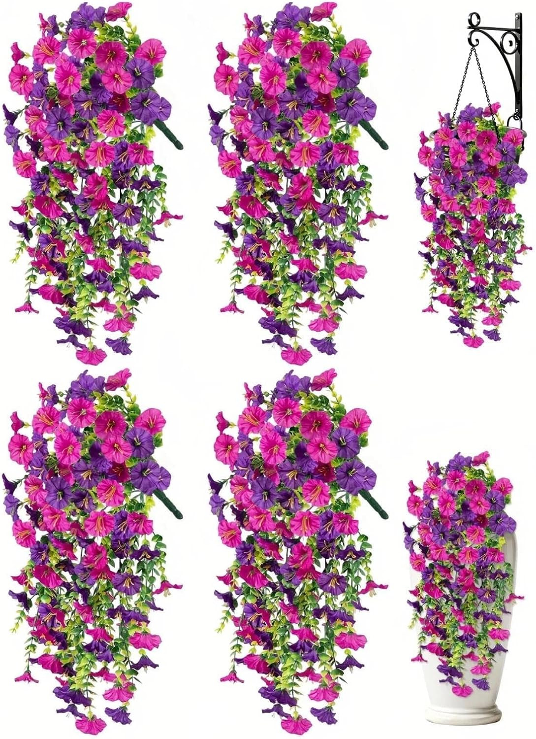 Artificial Hanging Flowers for Outdoors, 4 PCS UV Resistant Morning Glory Flower