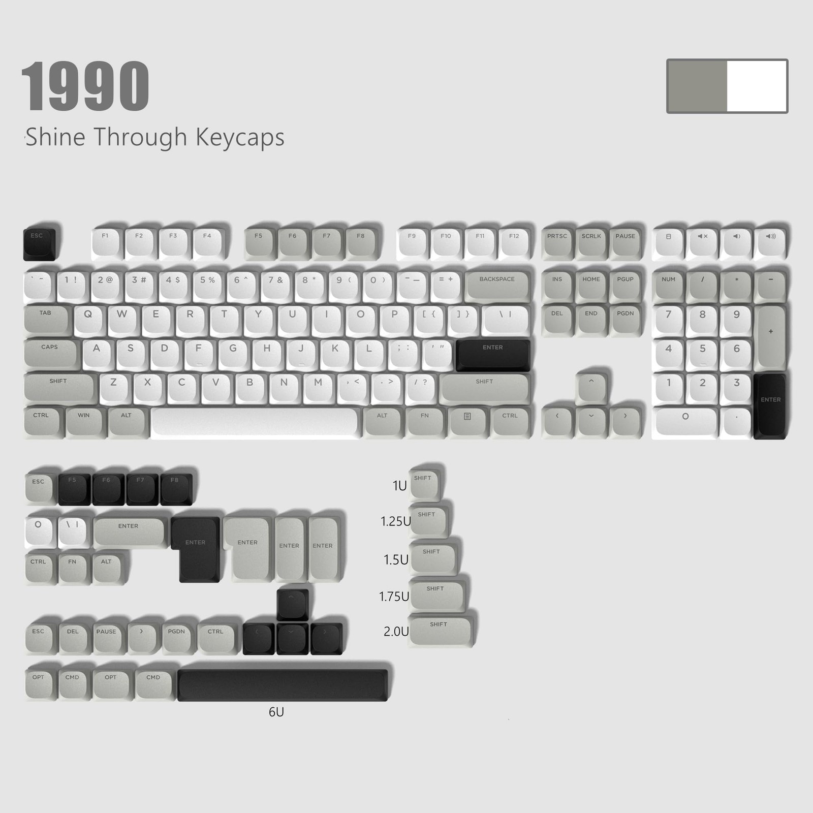 Grey White Low Profile Shine Through PBT Keycaps Set Full Size MX Switch
