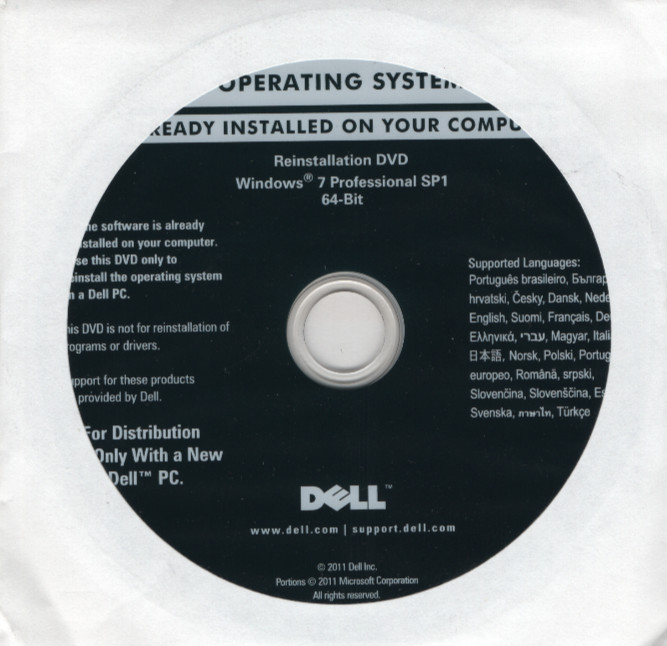 Dell Windows 7 Professional SP1 64-Bit Reinstallation DVD-ROM (2011) Recovery CD