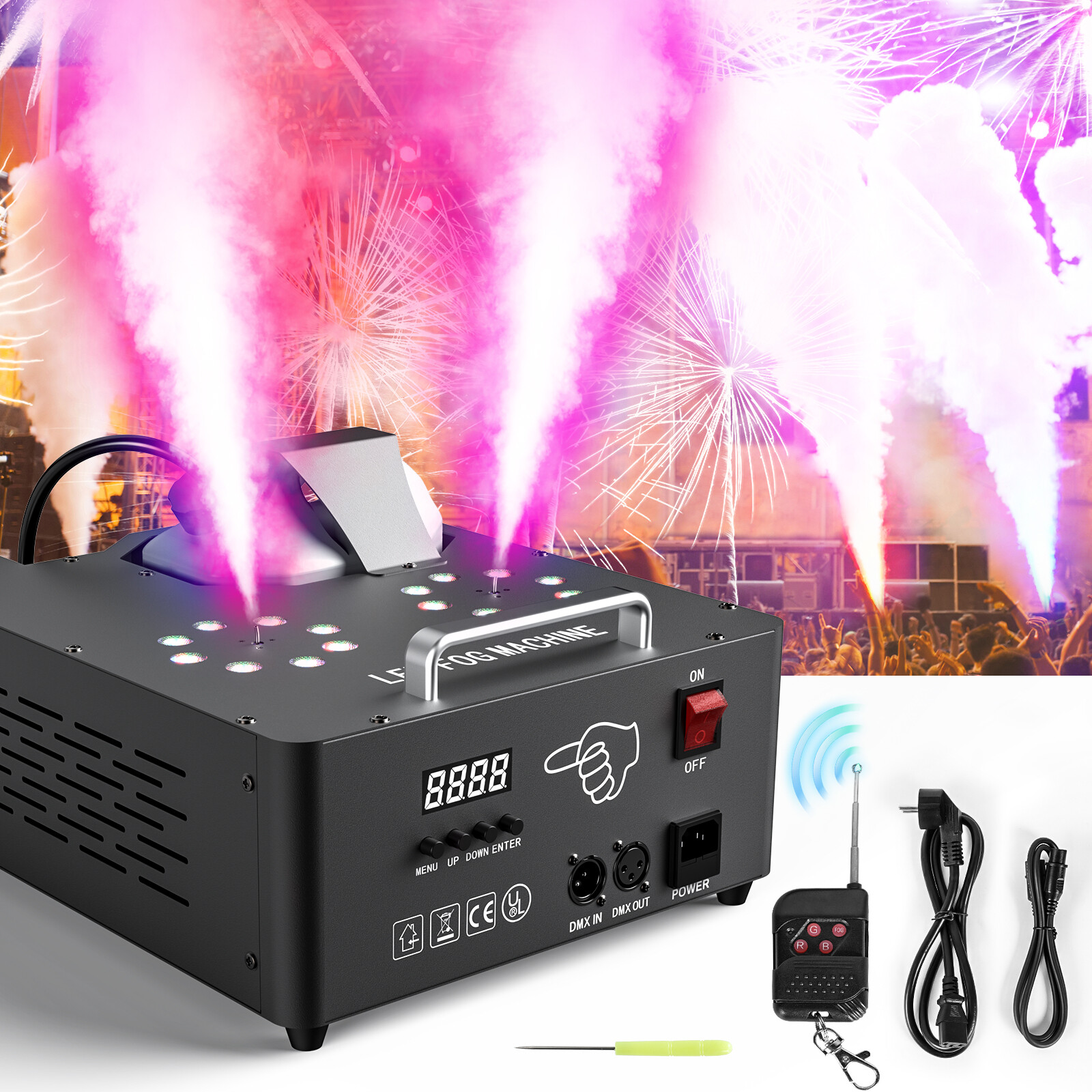 Double Spray Fog Machine 16 LED 2000W RGB Lights DMX Stage Halloween Smoke Maker