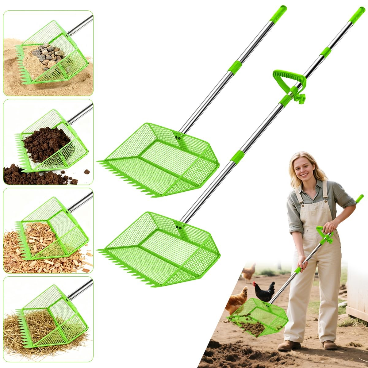 2~in~1 Chicken Poop Scooper & Rake, 12in Heavy~Duty Metal Coop Cleaning Tool