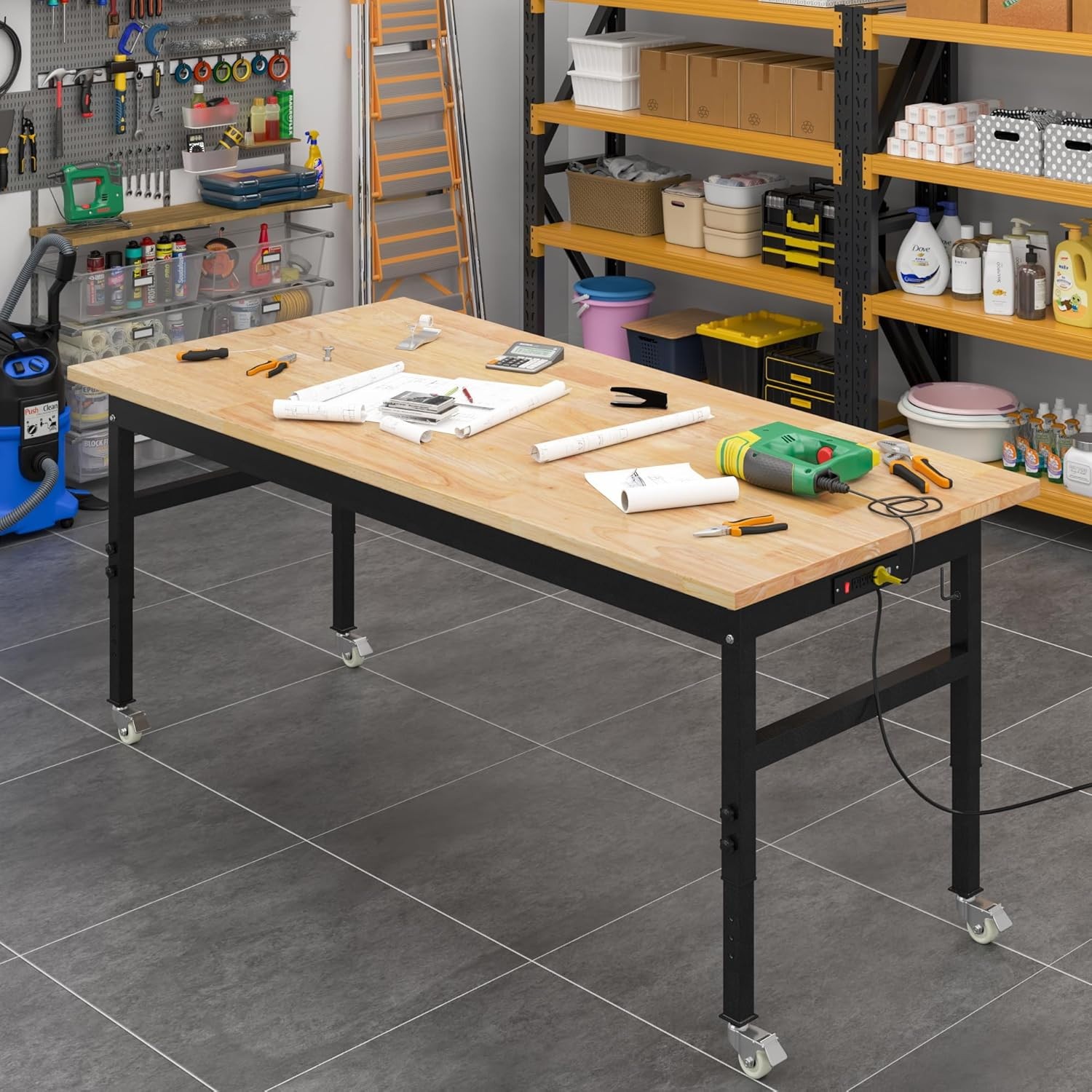 60" Adjustable Work Bench, Rubber Wood Top Workbench | Heavy-Duty Work Table wit