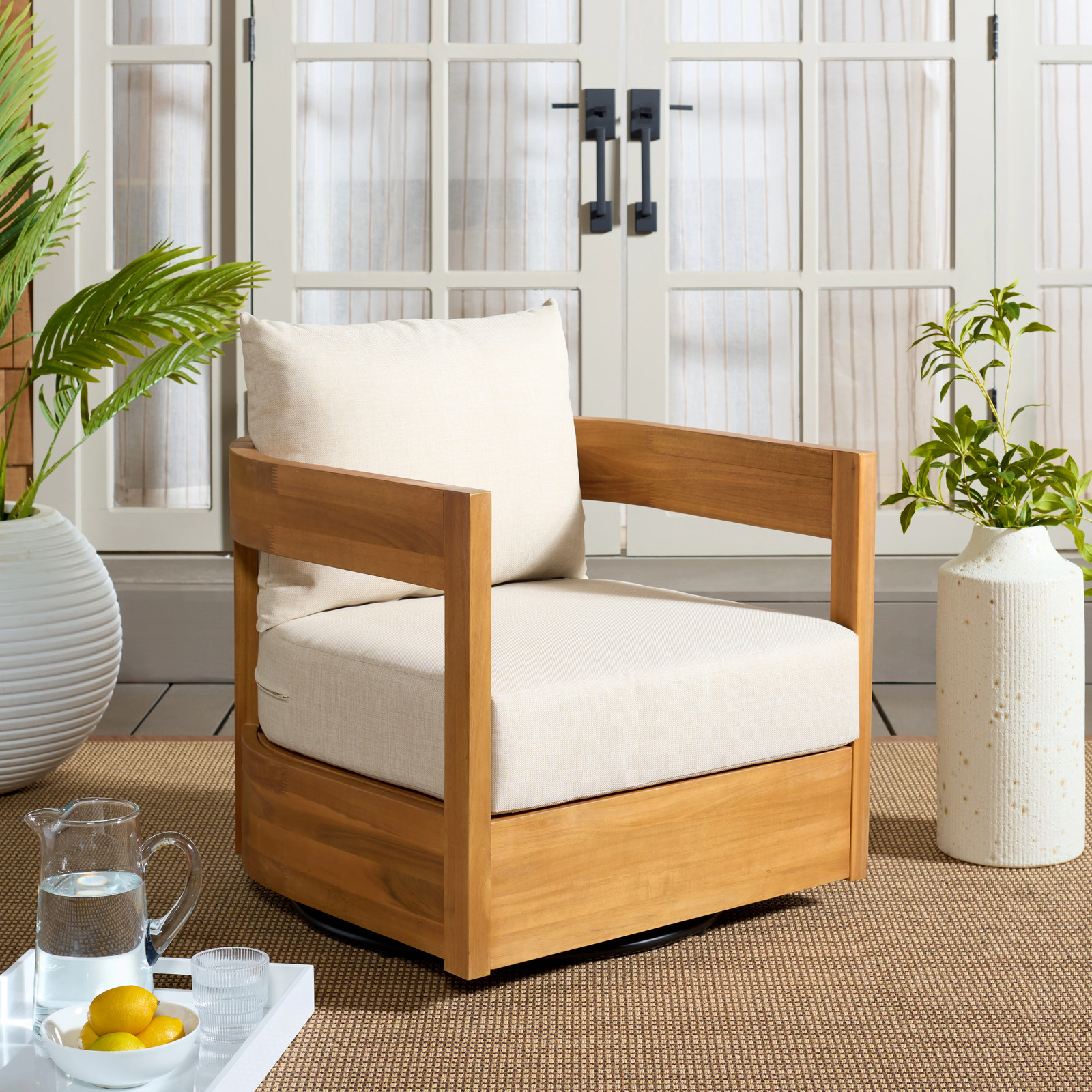 SAFAVIEH Outdoor Patio Furniture Kento Solid Wood Swivel Chair, Fully...