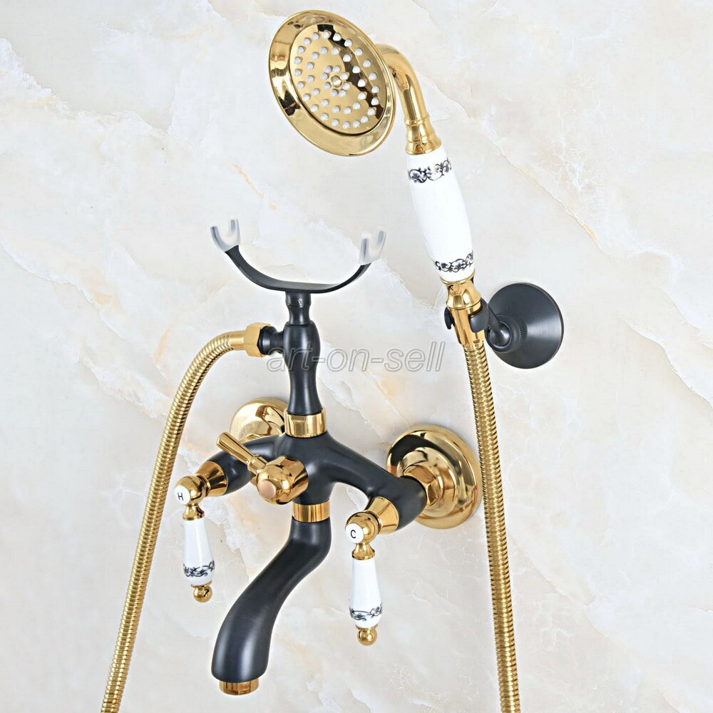 Black Gold Brass Wall Mounted Clawfoot Bath Tub Faucet with Hand Shower ana549
