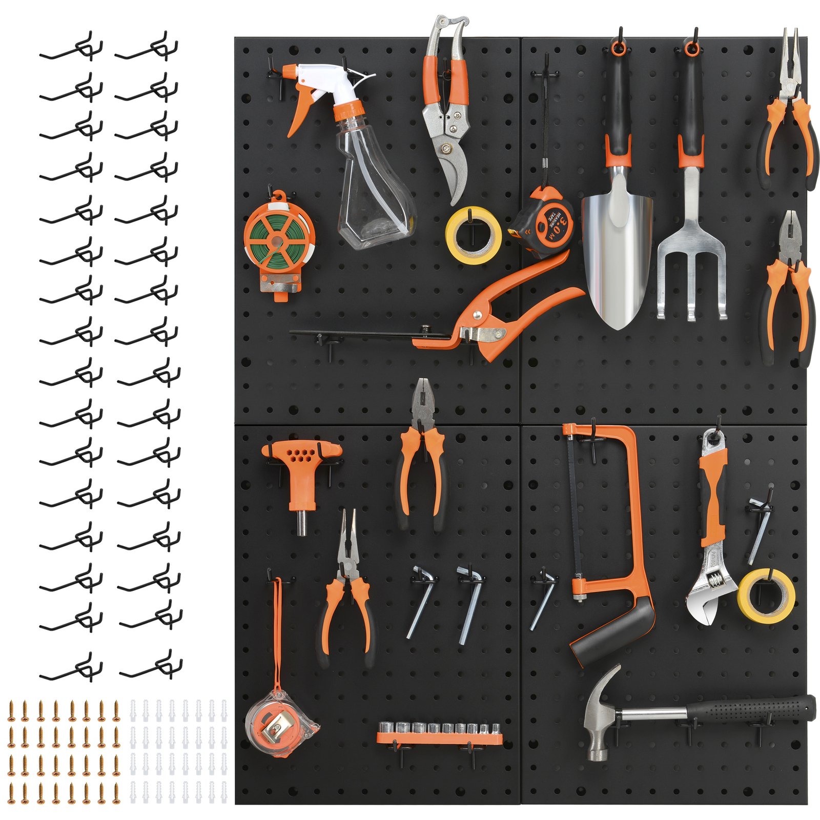 Heavy Duty 4-Panel Pegboard Wall Organizer With 32 Peg Hooks - Black