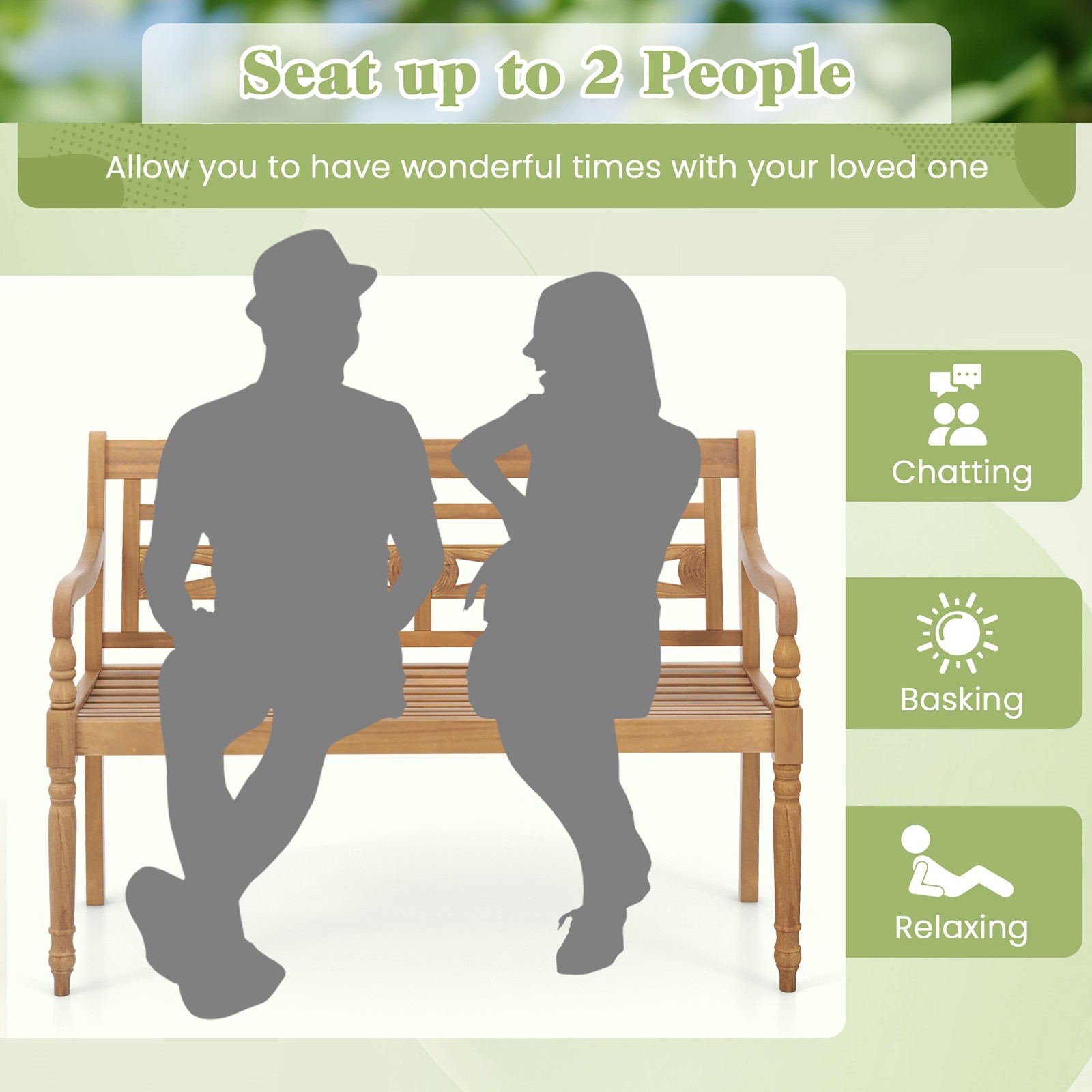 2-Person Garden Bench w/ Wide Backrest & Curved Armrests for Backyard