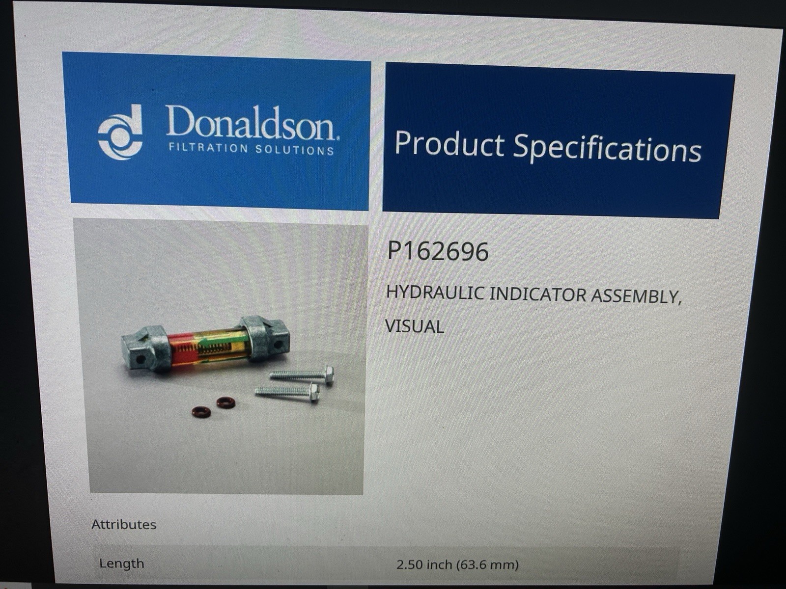 Donaldson Hydraulic Indicator Assembly Visual P162696