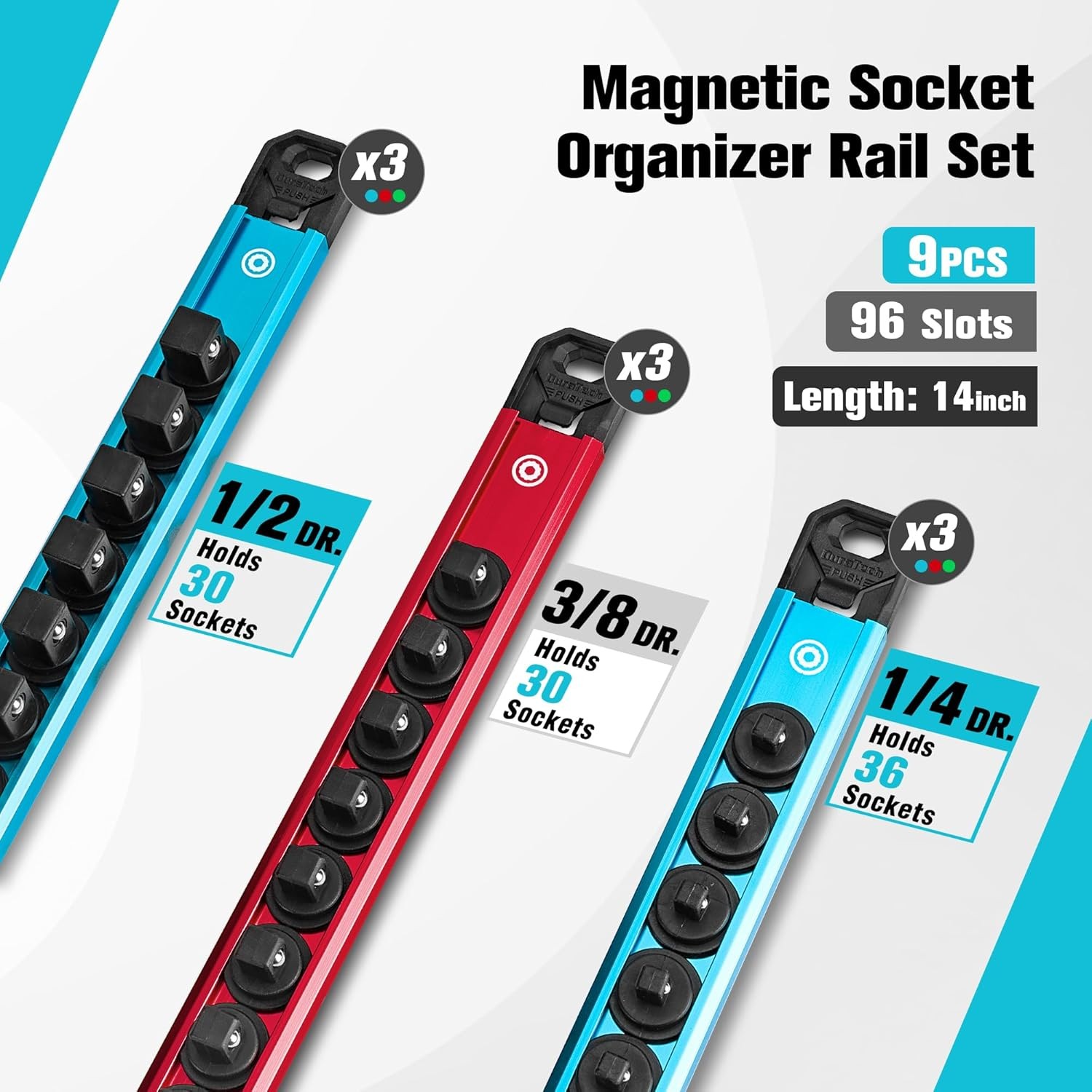 DURATECH 9PCS Magnetic Socket Organizer Set 1/4" 3/8" 1/2" DR Socket Rail Holder