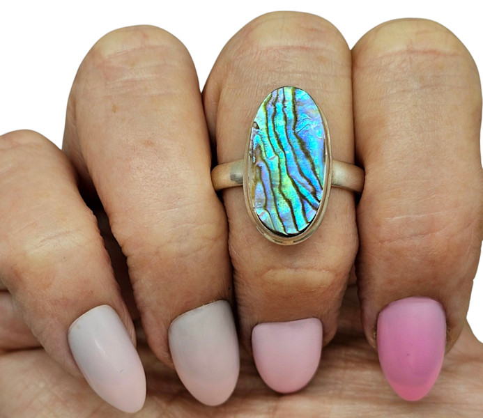 Statement Paua Shell Ring, Size 11, Sterling Silver, Long Oval Shape, Blue Green