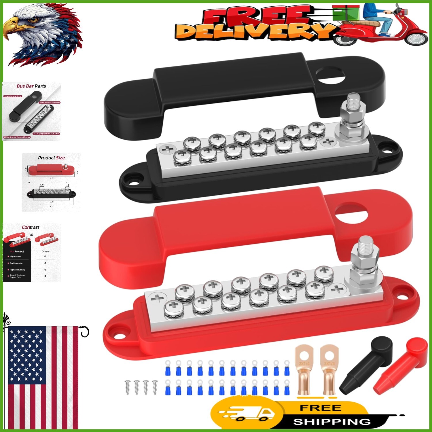 12V Marine Bus Bar System - 24 Terminal, 1/4” Studs for Safe Power Distribution