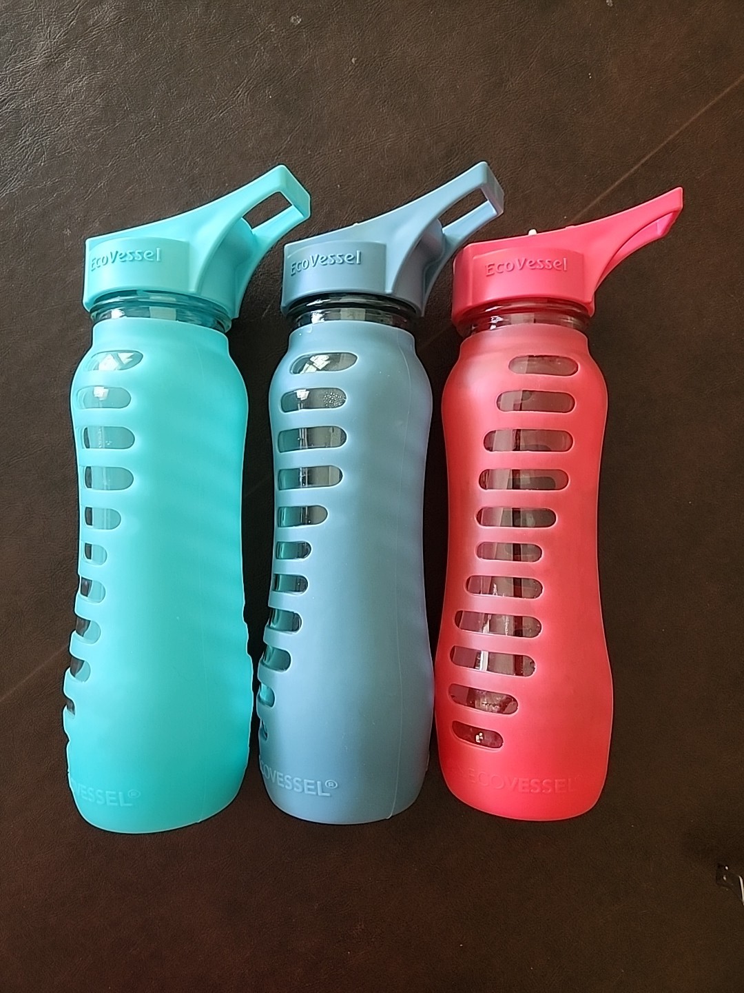 3 Pack EcoVessel 22oz Glass Water Bottle with Silicone Sleeve and Flip Straw Lid