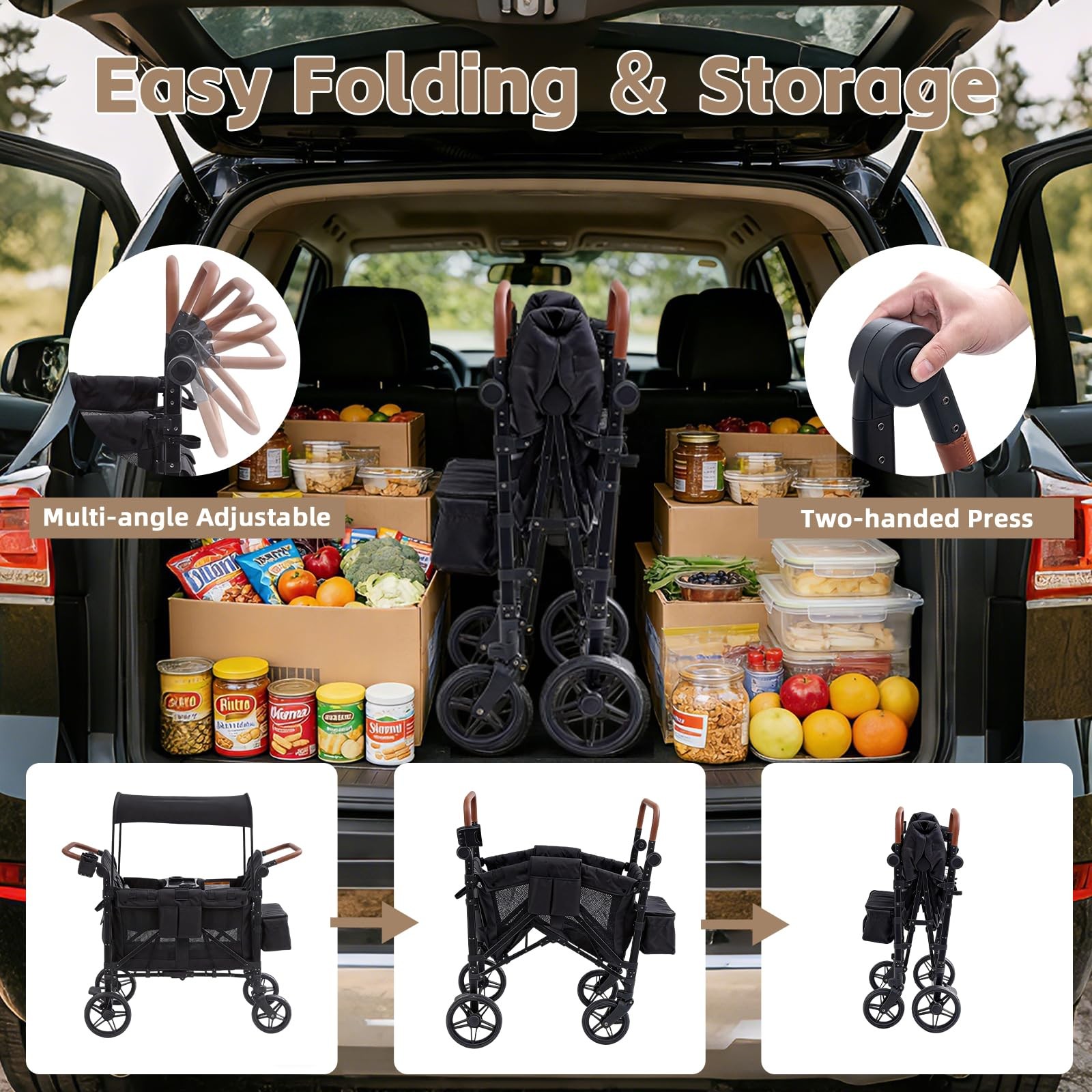 4 Seater Wagon Stroller Foldable Lightweight w/ Canopy & Safety Harnesses
