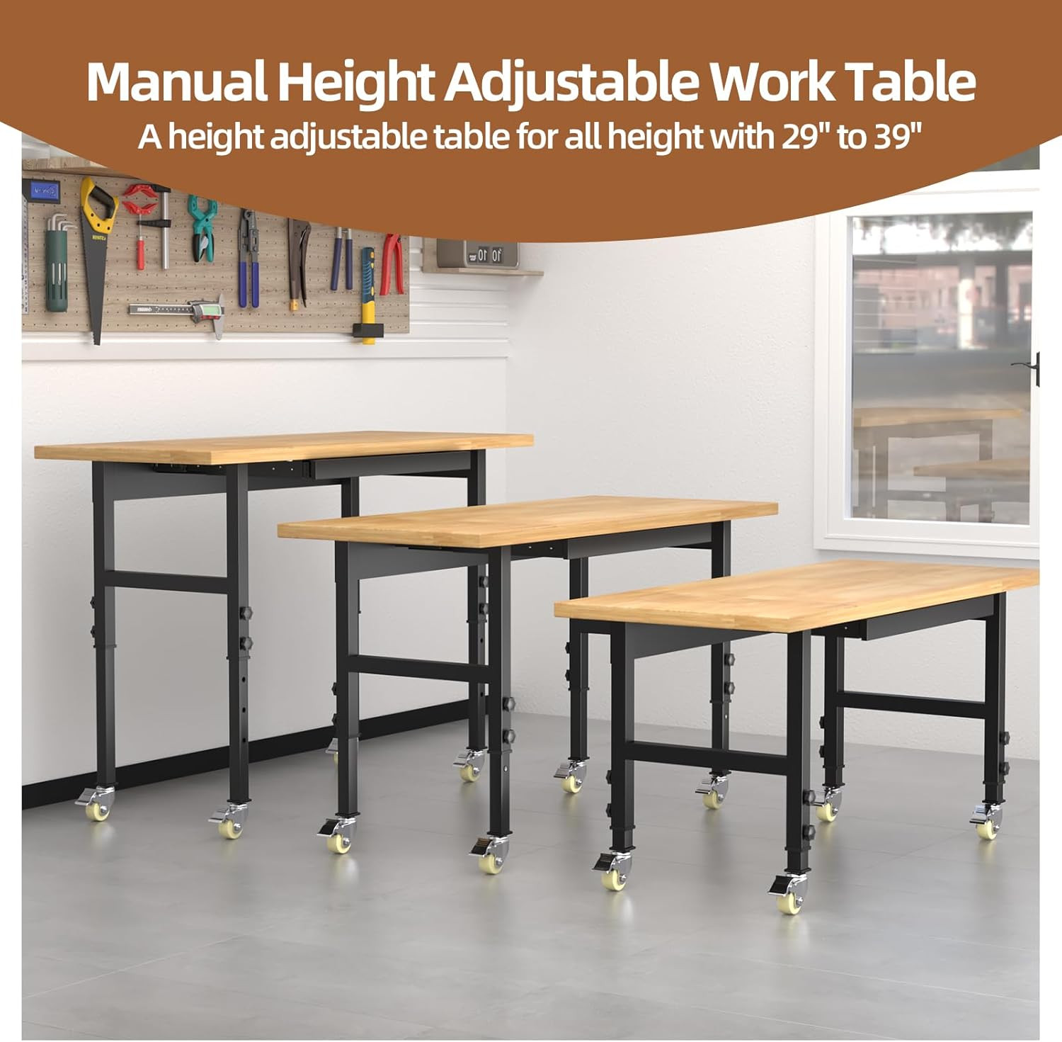 60" Adjustable Workbench with Wheels and Drawer, Solid Wood Rolling Work Bench T