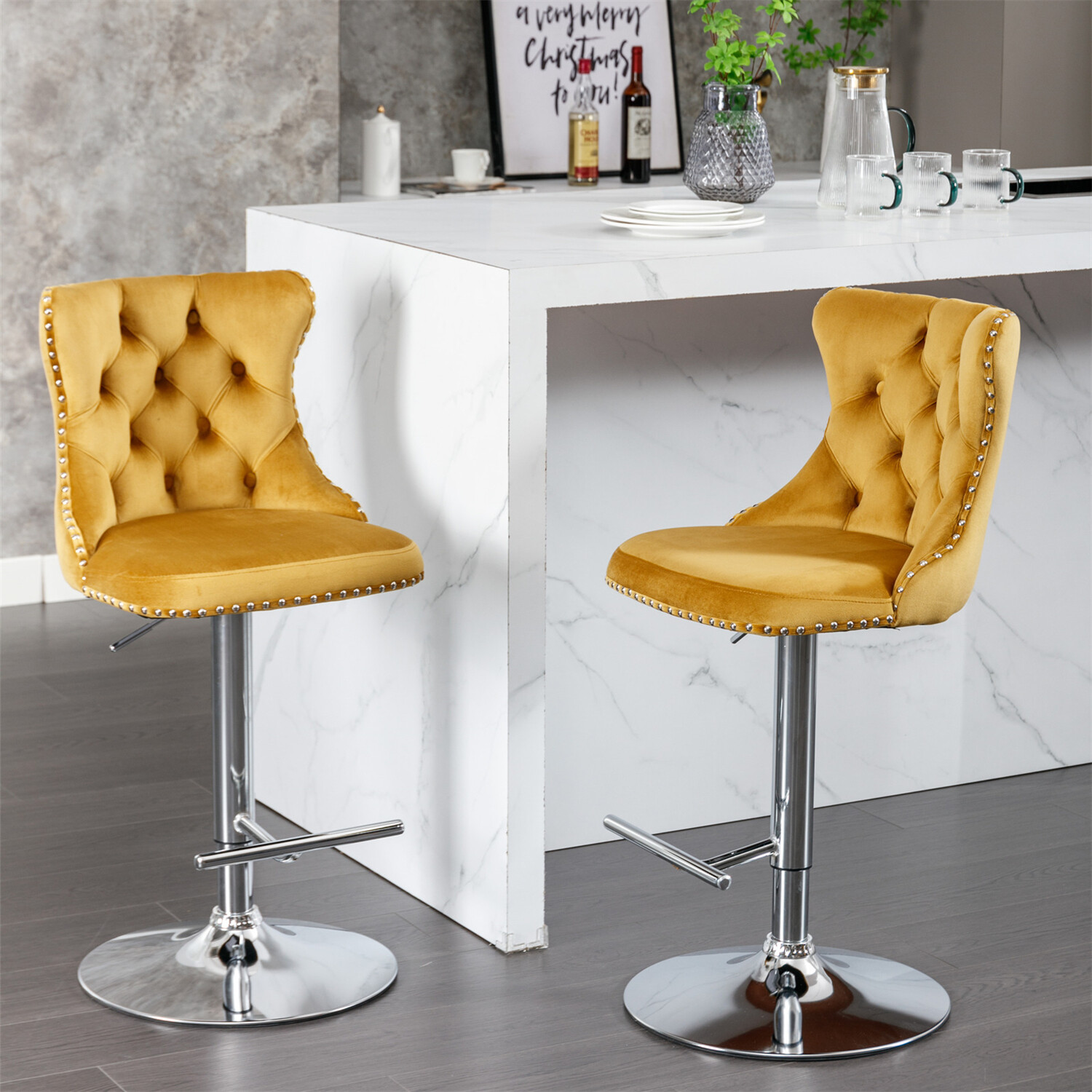 2PCS Velvet Bar Stools Counter Height Adjustable Kitchen Dining Chairs US