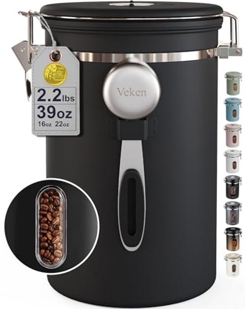 Coffee Canister with Window, 39OZ Large Airtight Stainless Steel 39 oz Black