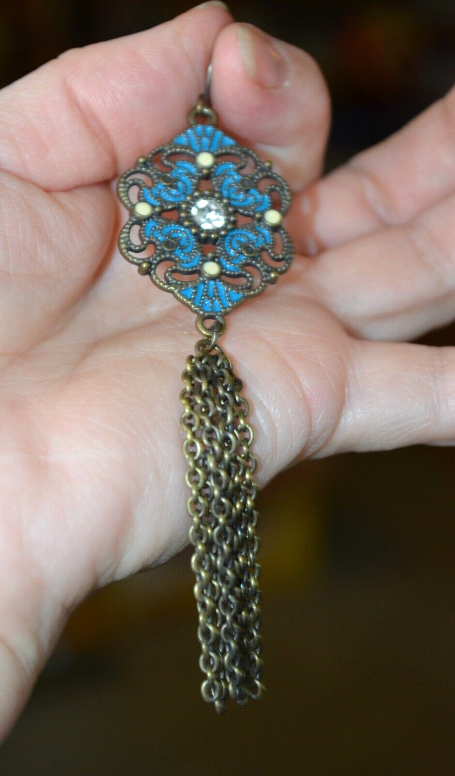 Dangle Pierced Hook Earrings Blue w/ Clear Center Rhinestone & Chain Dangles