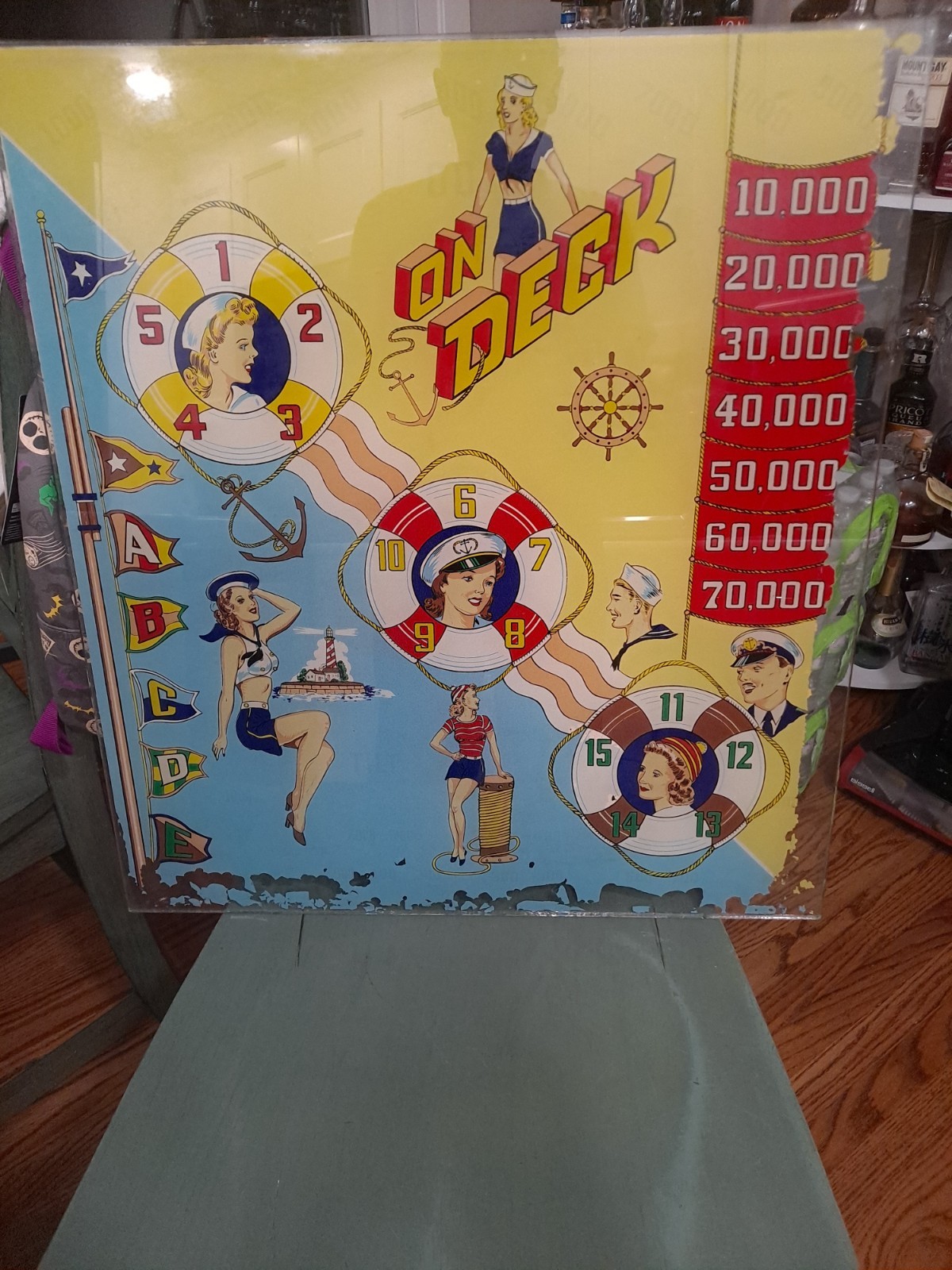 GOTTLIEB,S, ON DECK, Original Pinball Machine BACK GLASS, 1964