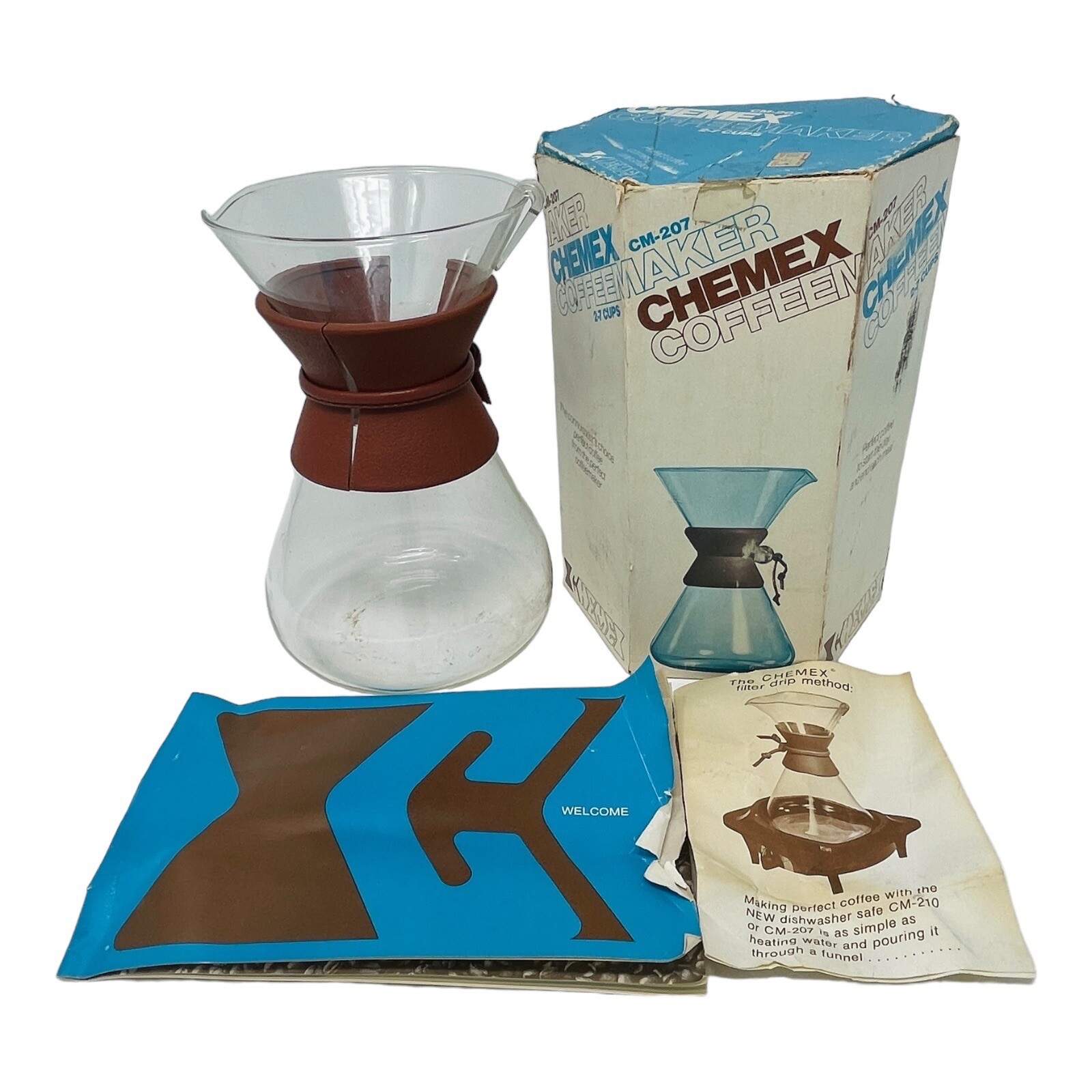 Vintage 1970s Chemex Coffee Maker 2-7 Cups CM-207 W Box & Manual Plastic Handle