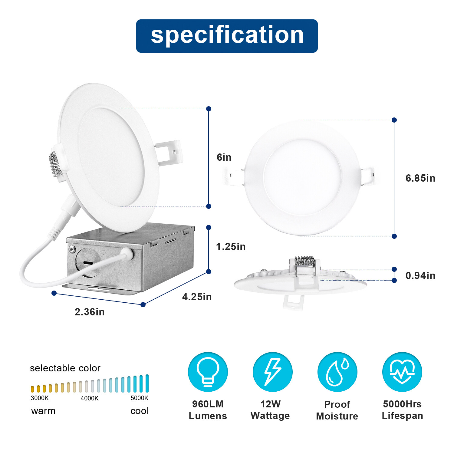 30 Pack 6 Inch 12W 3CCT LED Recessed Ceiling Light W/Junction Box Dimmable