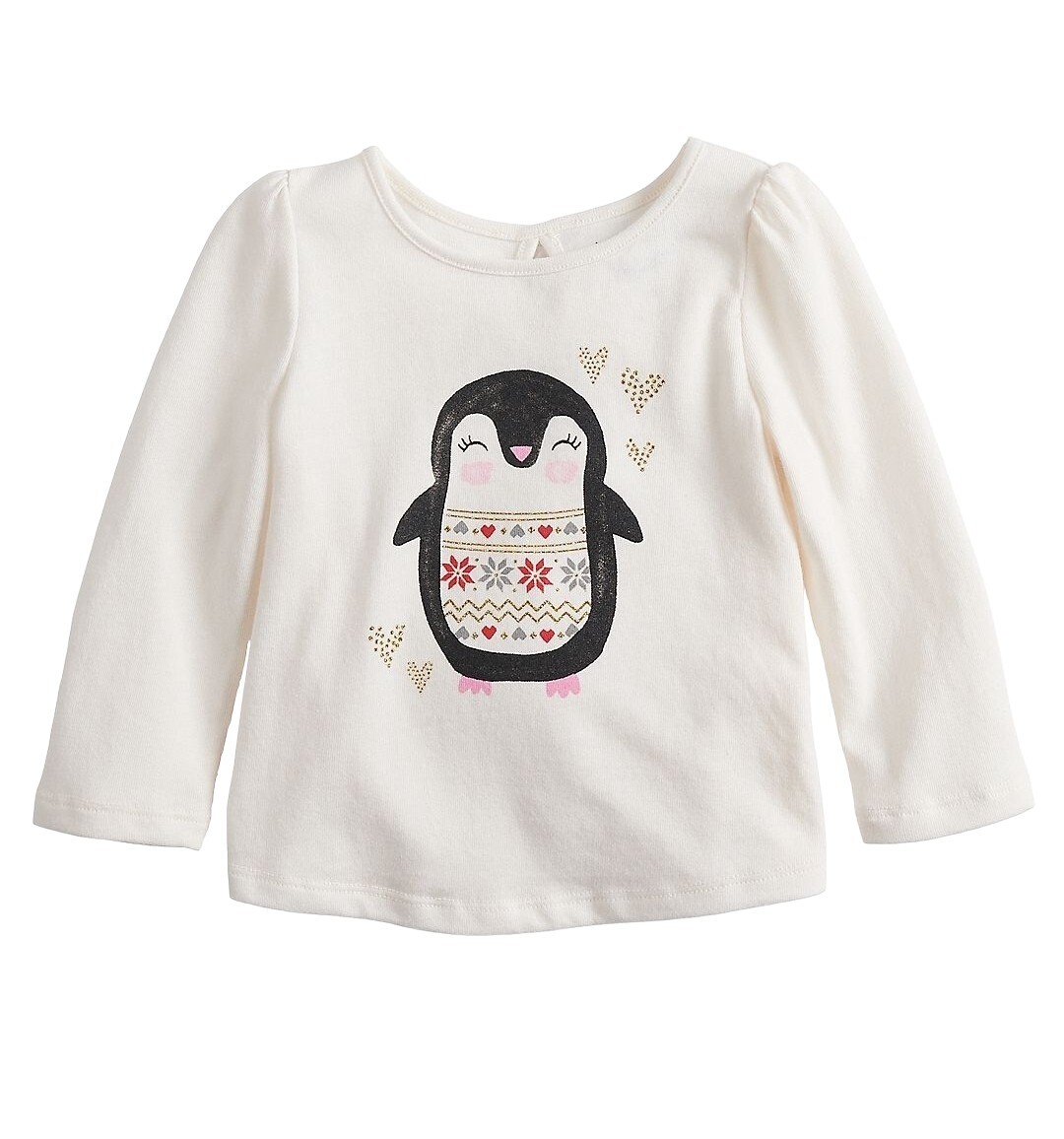 New Baby Girl Jumping Beans Glittery Penguin Keyhole Shirt White (12 Months)