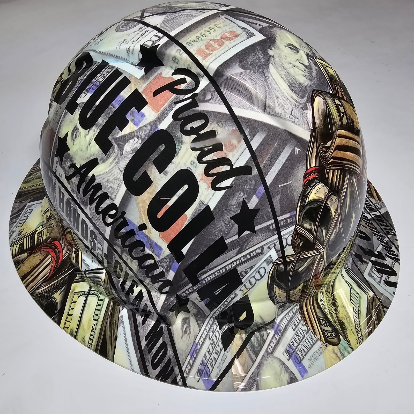 full brim VENTED hard hat custom hydro dipped IN DIRTY HANDS CLEAN MONEY