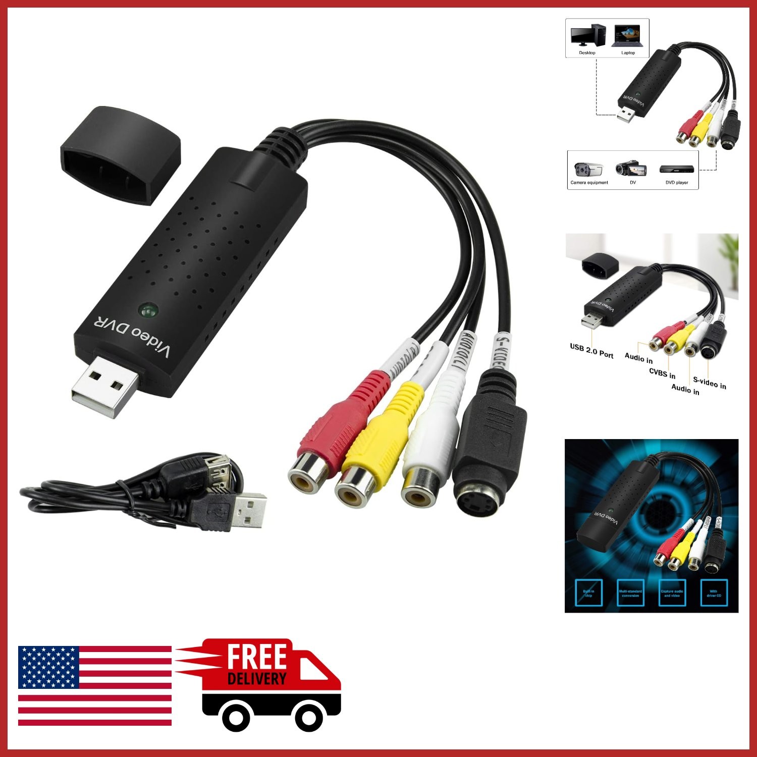 USB 2.0 Video Capture Card for VHS VCR to Digital Converter Windows Mac