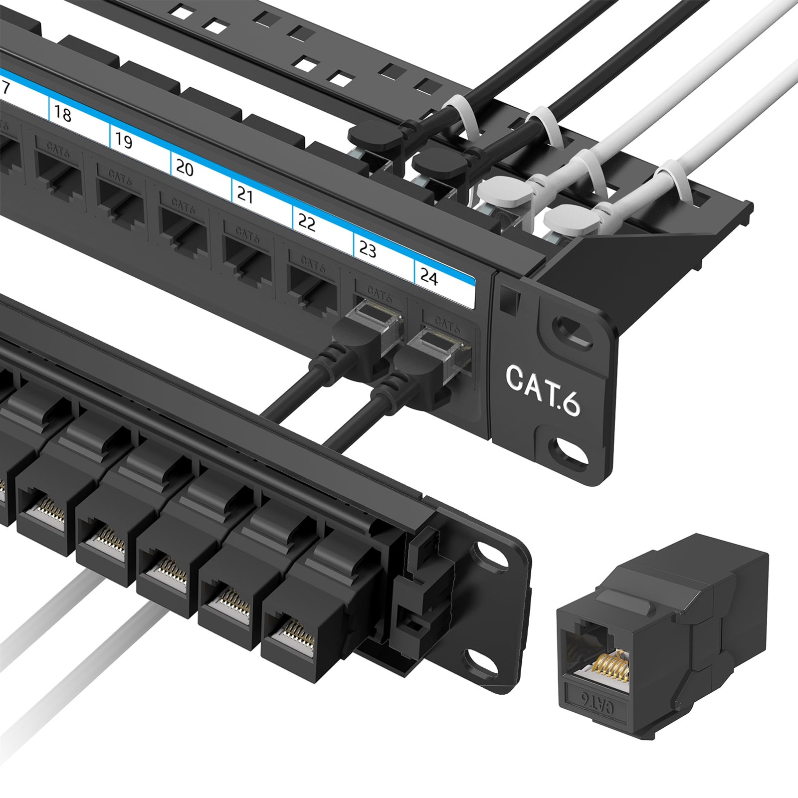 Patch Panel 24 Port 19-Inch 1U Cat 6 Preloaded 24 Keystone Couplers 1 Spare