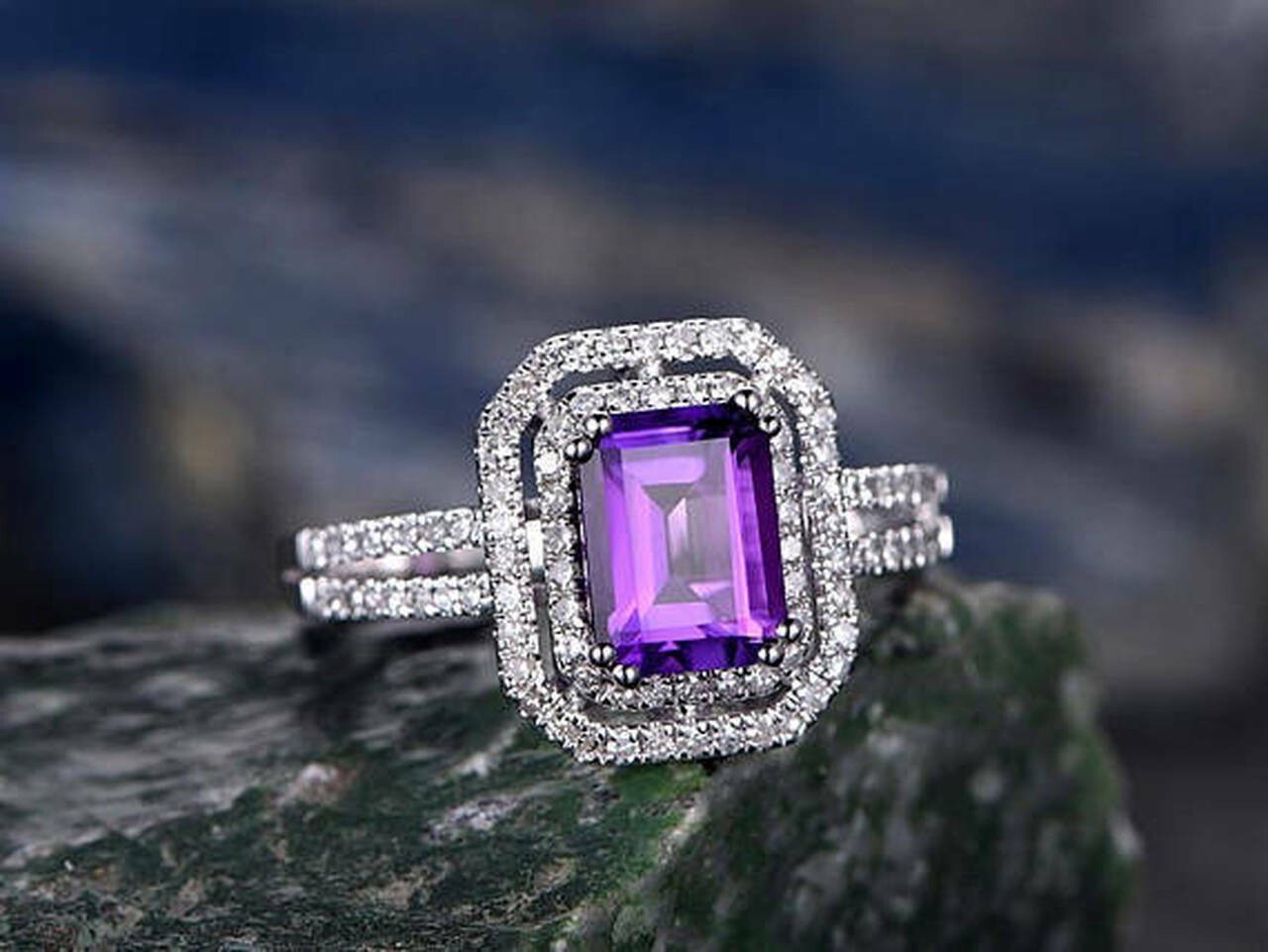 Emerald Cut Lab-Created 4.20 Ct Purple Diamond Wedding Ring 925 Sterling Silver