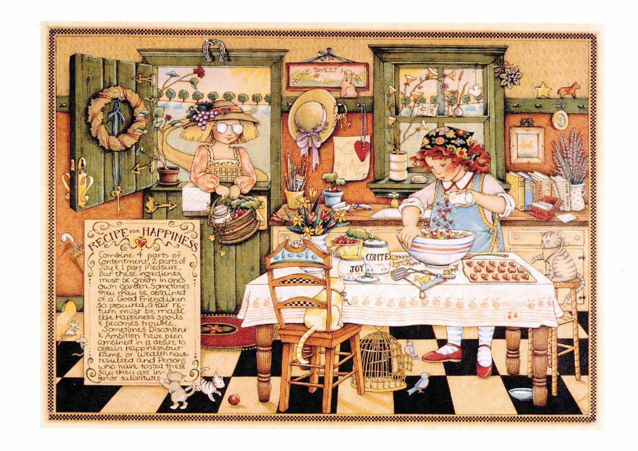 Mary Engelbreit-RECIPE FOR HAPPINESS Vintage Country Kitchen-POSTCARD-NEW!