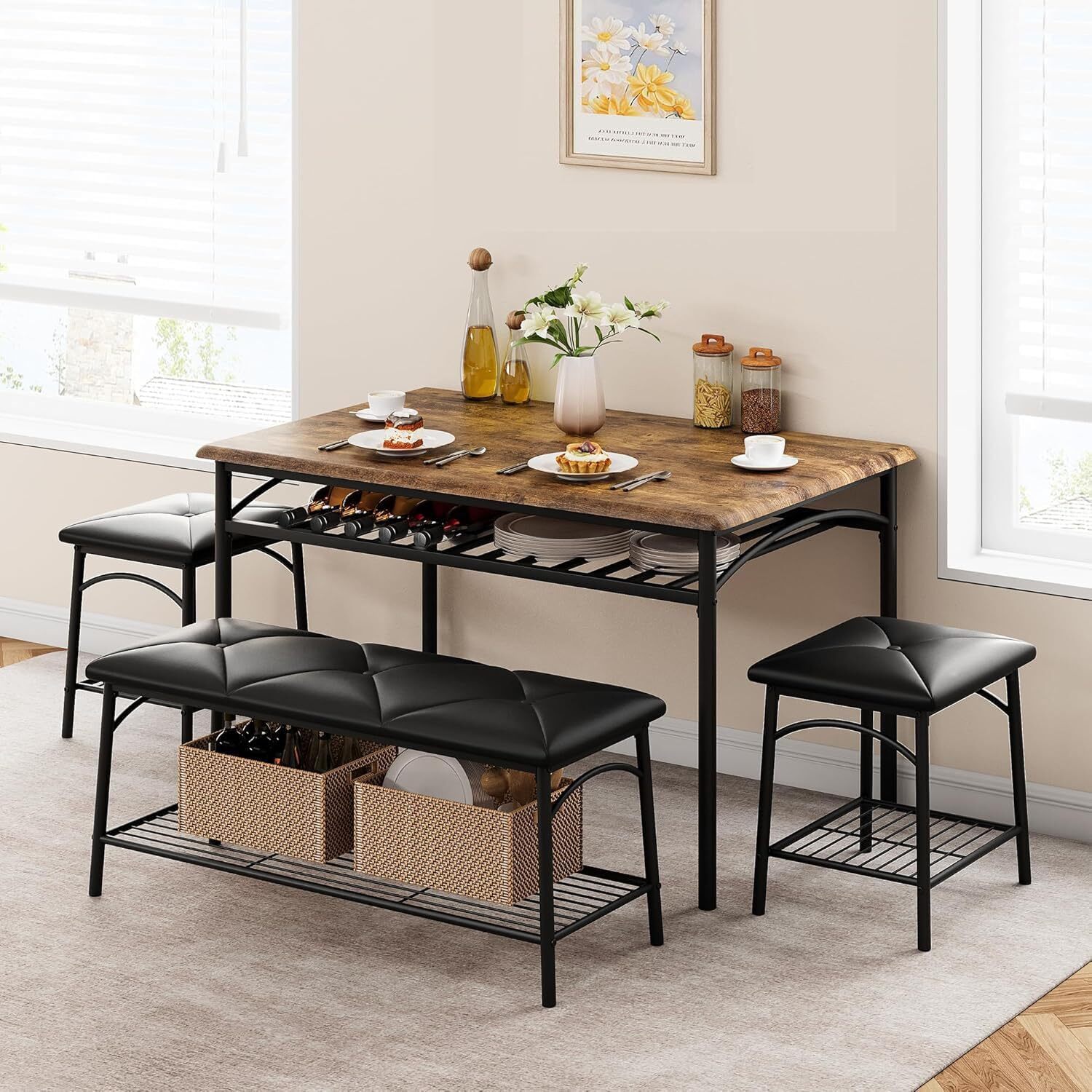 📱Kitchen Table Set for 4 Dining Table with Bench and 2 Square Stools Storage