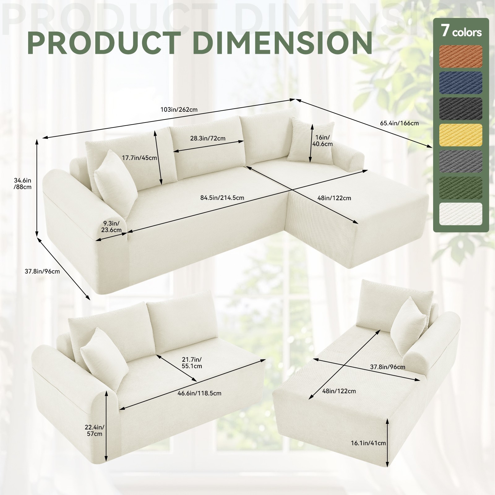 5-in-1 Modular Sectional Sofa with L-Shaped Chaise Comfy Corduroy Boneless Couch