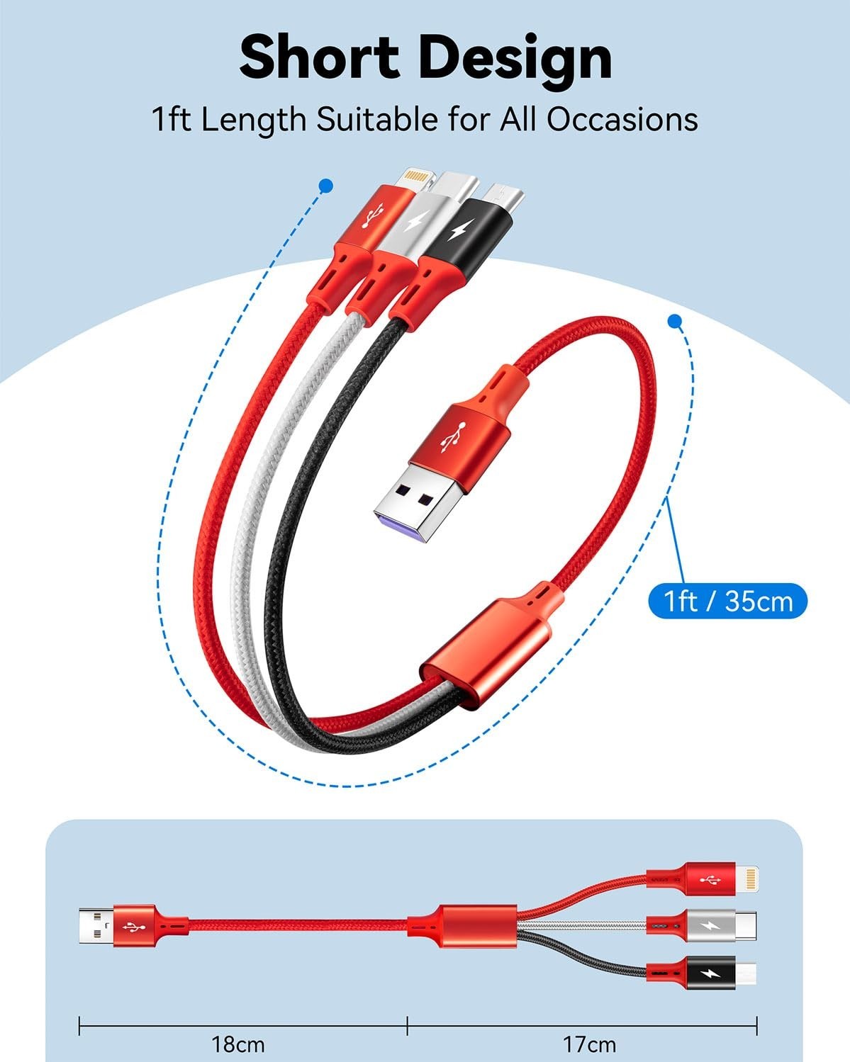 1Ft Multi Charging Cable Short Multi Charger Cable 3 in 1 Braided Unive..