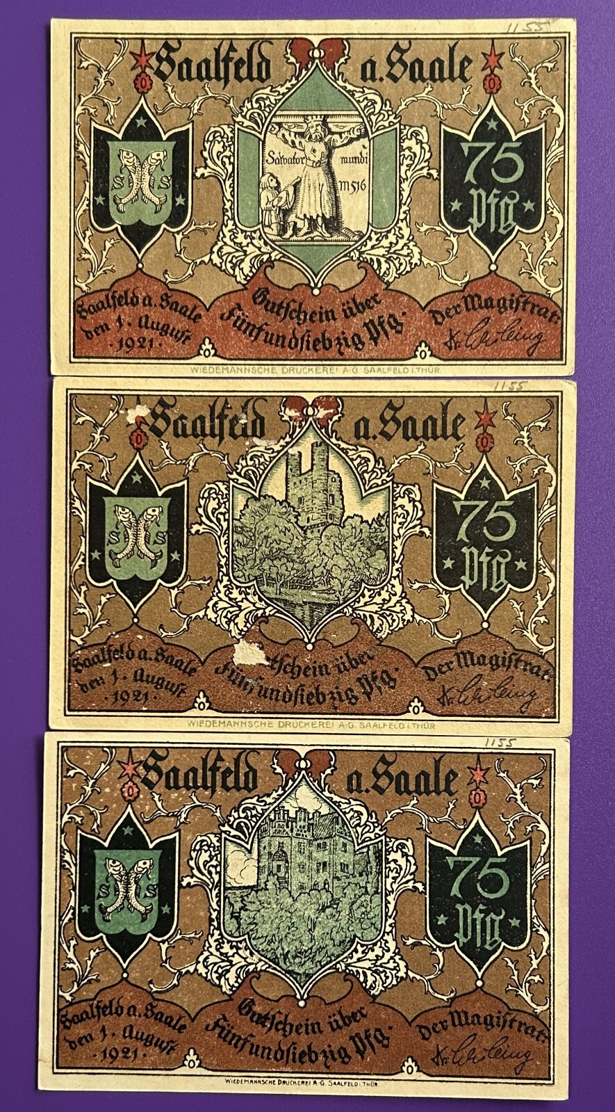 Germany.  Notgeld.  5 х 75 pf  Saalfeld a Saale 1921