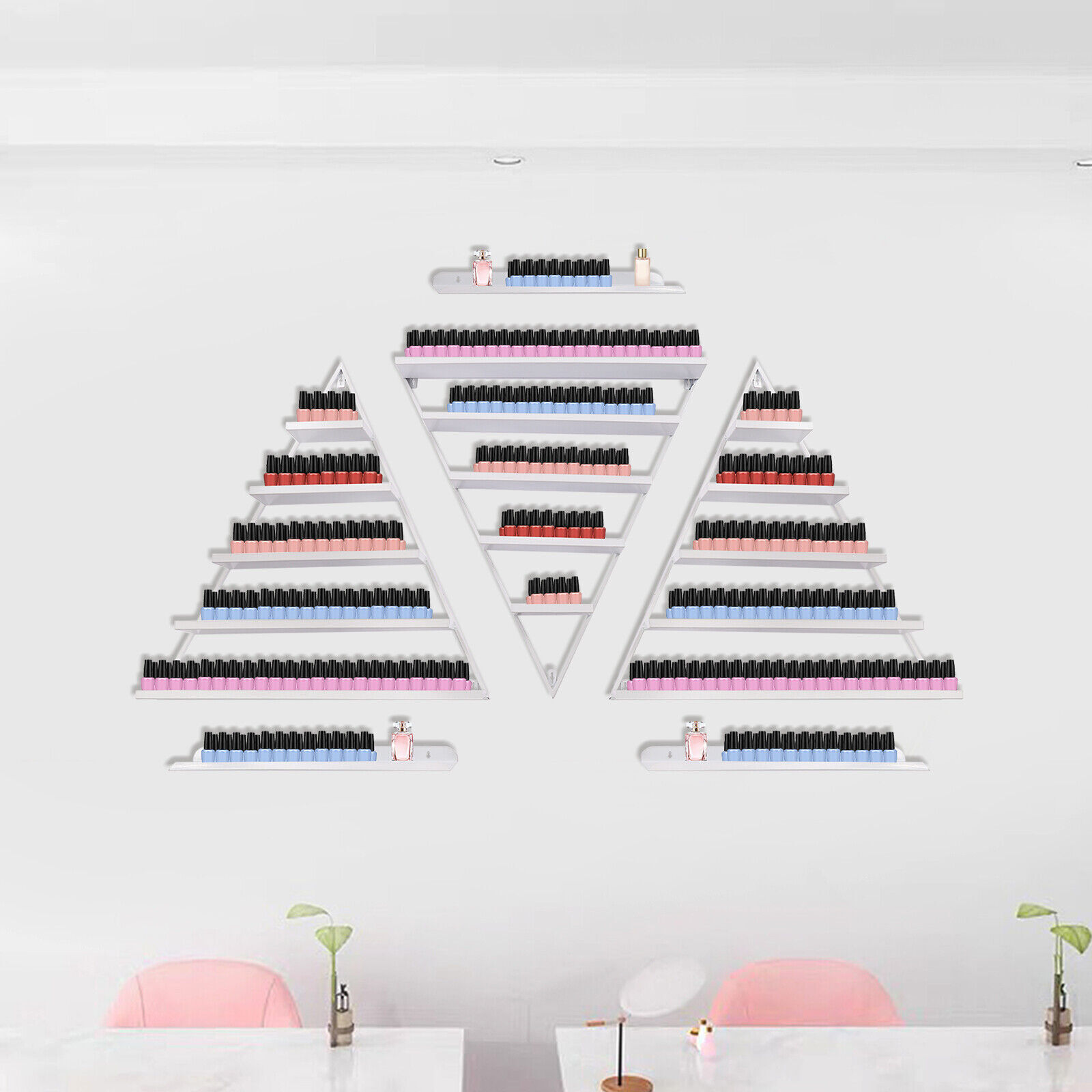 5-Tier Triangle Wall-Mounted Nail Polish Display Rack - 3 Pieces, White