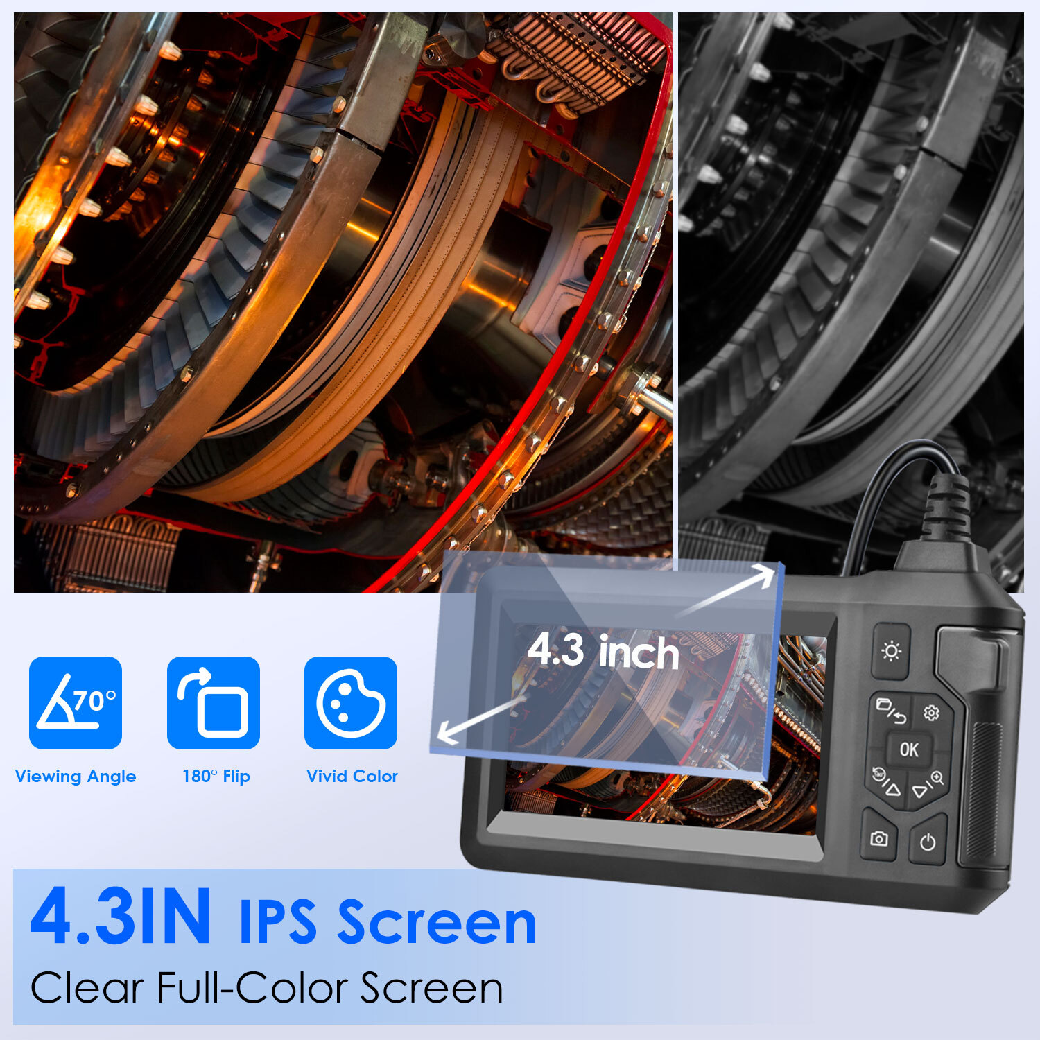 1080P Endoscope Camera 4.3'' Screen Borescope Inspection Snake Camera 16.4FT