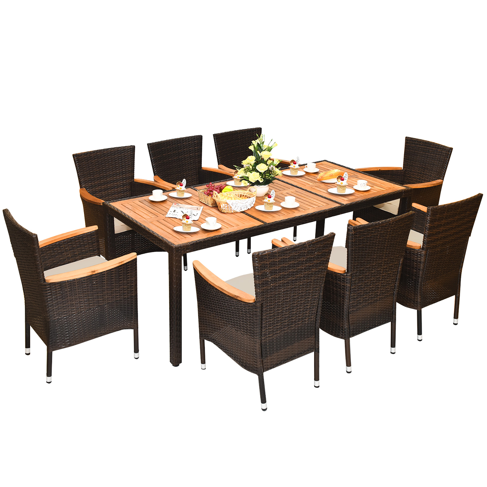 9PCS Rattan Patio Dining Set w/ 8 Stackable Cushioned Chairs Wooden Tabletop