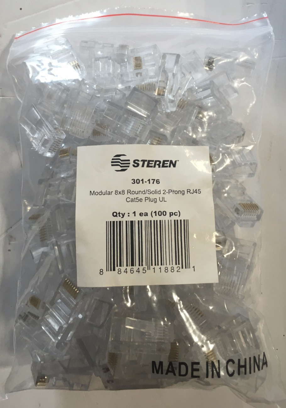 RJ45 Cat5e Plug UL Steren 301-176 Modular 8x8 Round/Solid 2-Prong  (100ct Bag)