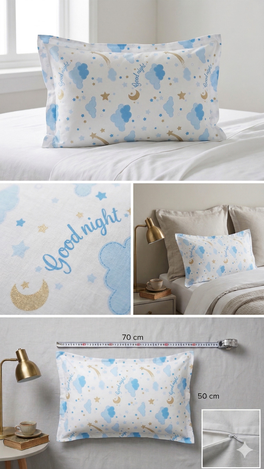 "Good Night" Kids Pillowcase 50x70 cm - Soft Cotton, Clouds & Stars