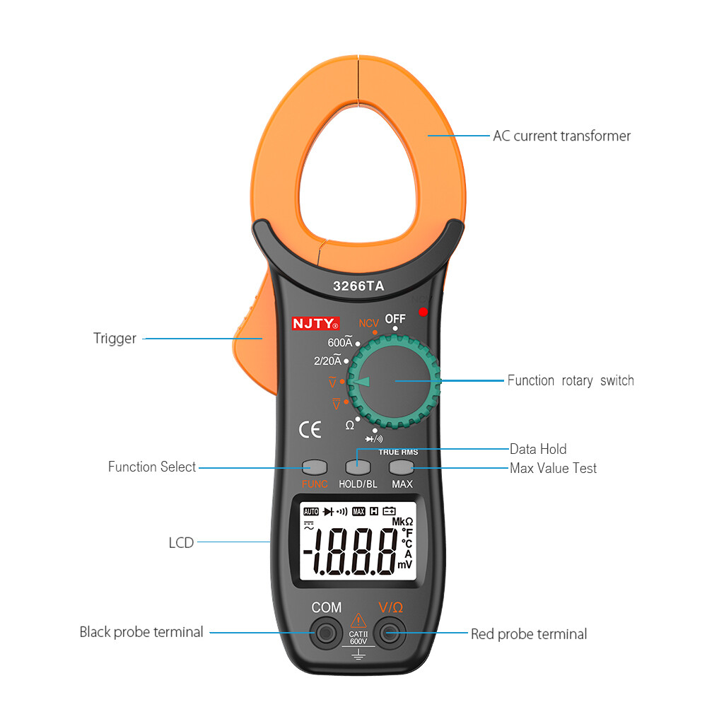 NJTY Digital Clamp Meter 2000 Counts Auto Ranging Multimeter NCV Test AC/ T9E1