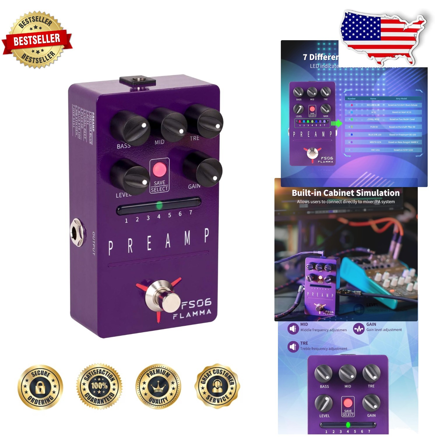 High-Quality FS06 Digital Preamp Pedal - 7 Models, 7 Presets, Cabinet Simulation