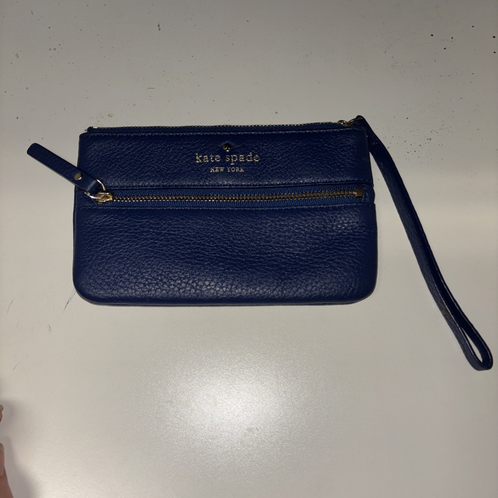 Kate Spade Cobble Hill Bee Pebbled Leather Wristlet Dark Blue 6 Inch