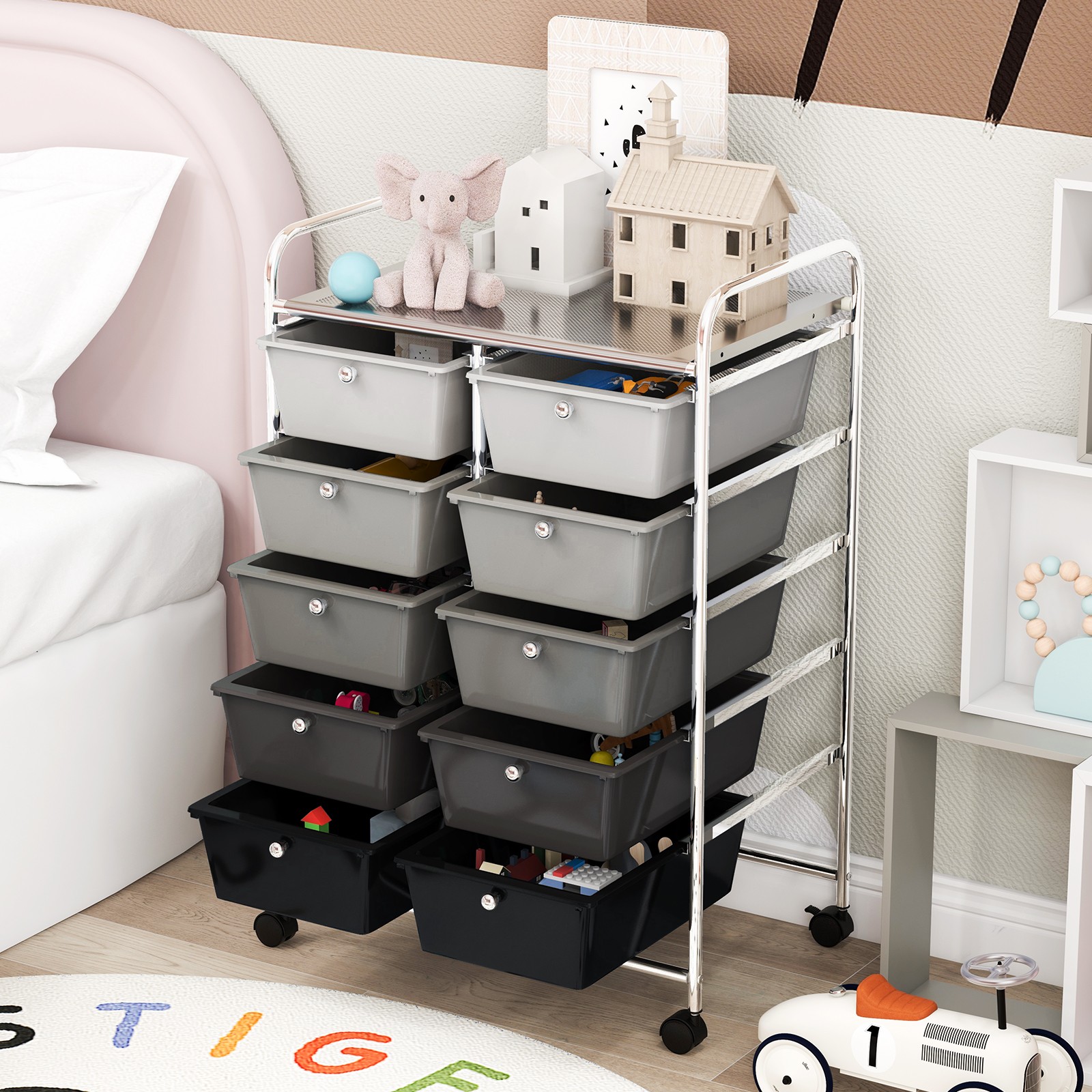 10-Drawer Storage Cart Utility Rolling Trolley Kitchen Organizer Black Gradient
