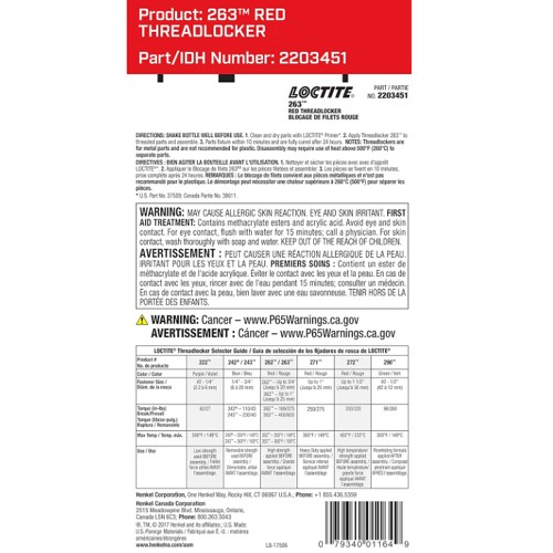 Loctite 263 High-Strength Red Threadlocker, 6 mL Liquid Adhesive