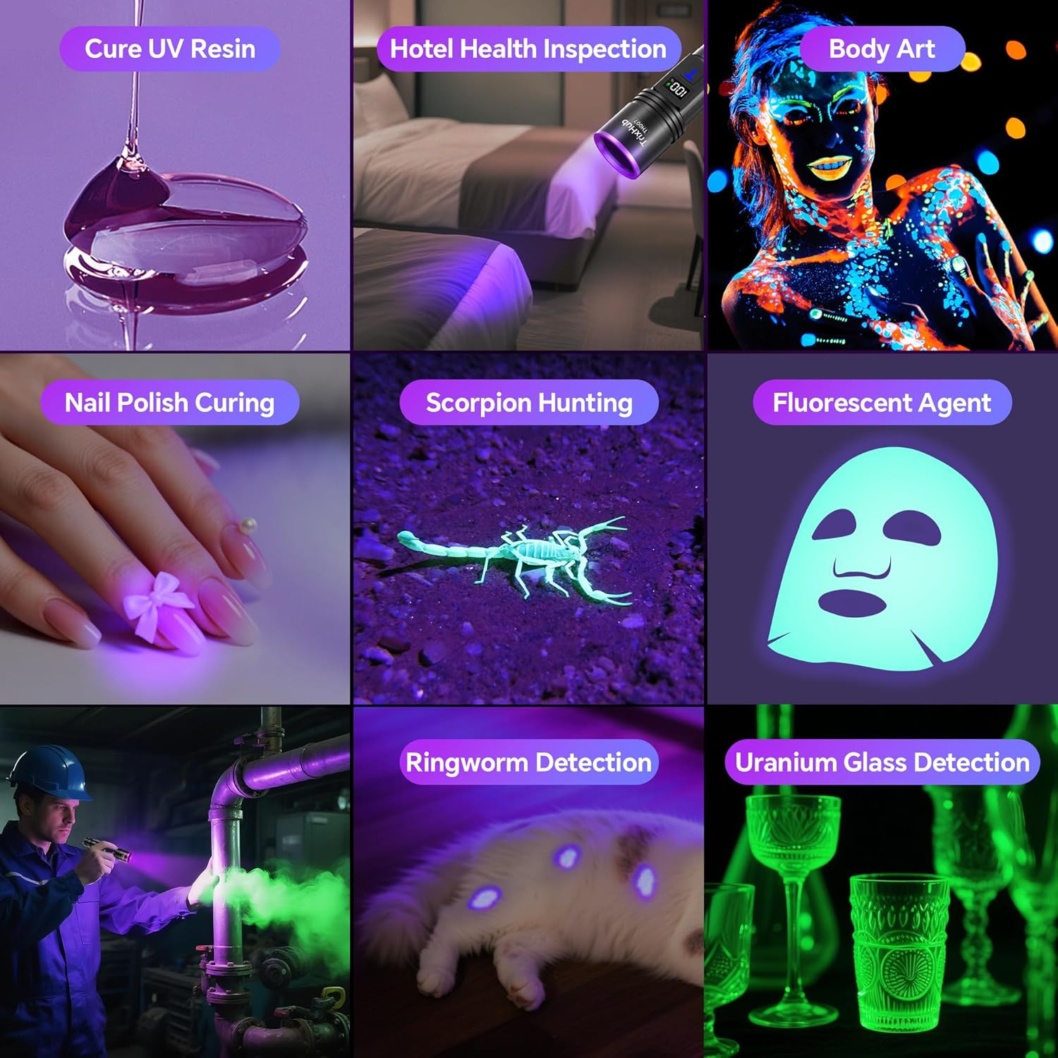 365Nm Black Light Flashlight, UV Flashlight Rechargeable with LCD Display, Power