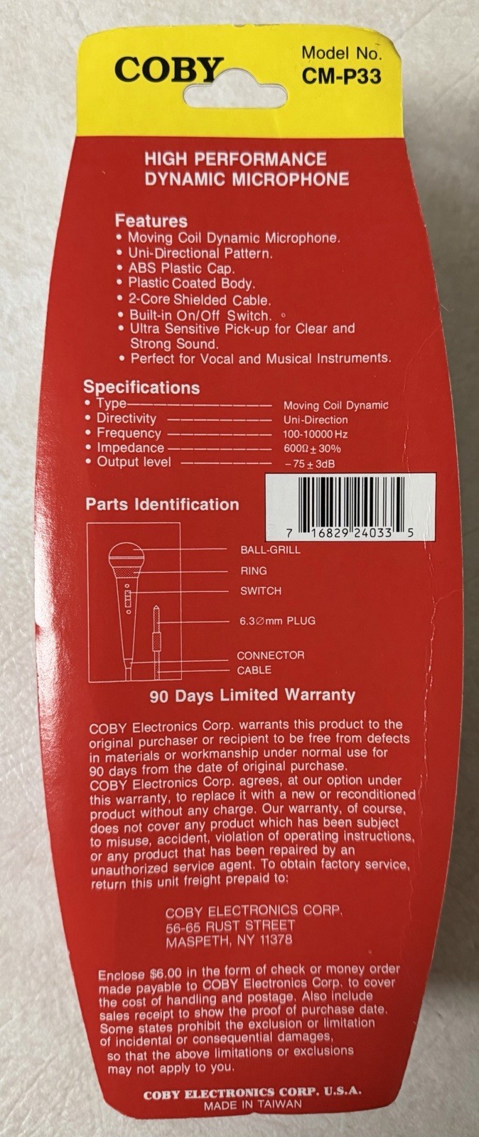 COBY CM-P33 Dynamic Cable Professional Microphone New Sealed